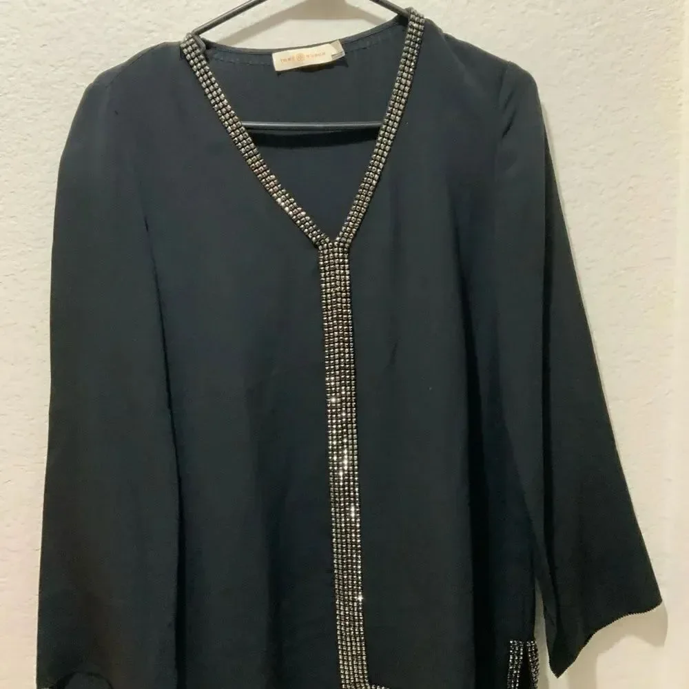 Tory Burch Mallet Embellished Studded Silk V Neck Tunic Blouse Top Black 6
